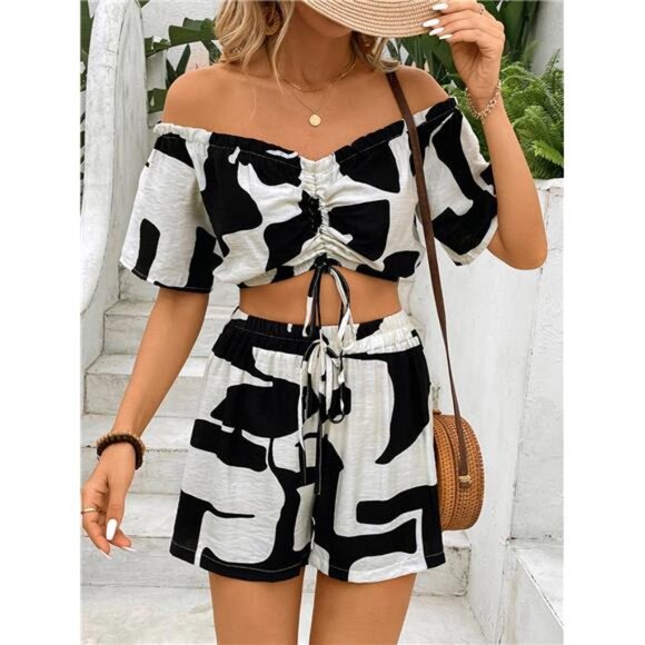 Perfee Drawstring Off-Shoulder Top and Shorts Set - Picture 1 of 5
